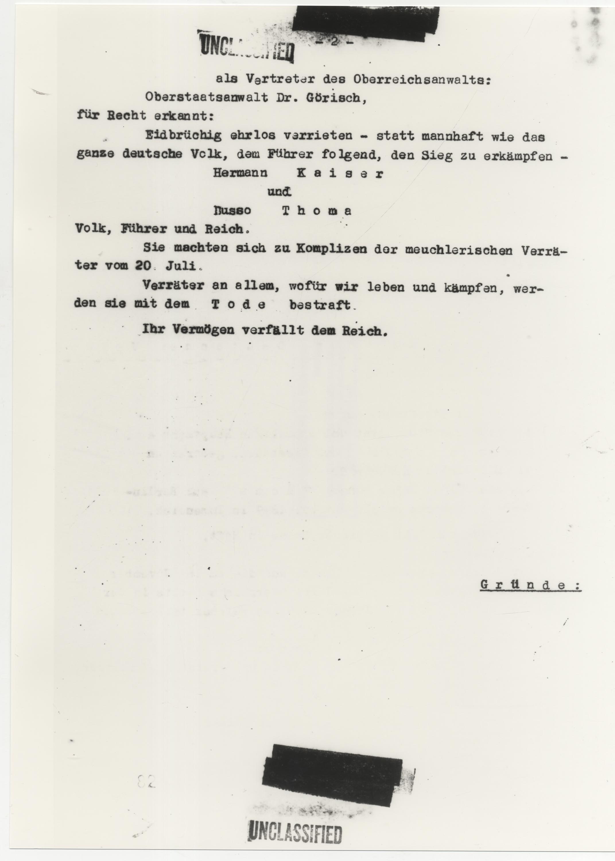 Aus dem Todesurteil des „Volksgerichtshofs“ gegen Hermann Kaiser und Busso Thoma, 17. Januar 1945